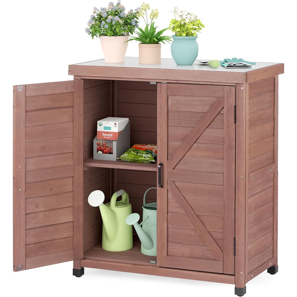 Outdoor Furniture Wooden - خزانة تخزين خارجية وطاولة للزراعة بسطح